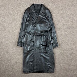 Vintage Lineage Black Leather Double Breasted Long Belted Trench Coat Men’s XL